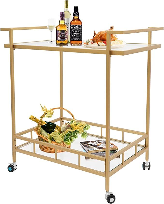 Gold Glass Rolling Bar Serving Cart Home on Lockable Wheels, Wine Drink Liquor Cart Stand for Hom... | Amazon (US)