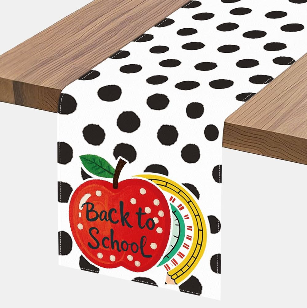 Back to School Table Runner, Black and White Polka Dot Pattern, 72 x 13 inches, Apple Design | Amazon (US)