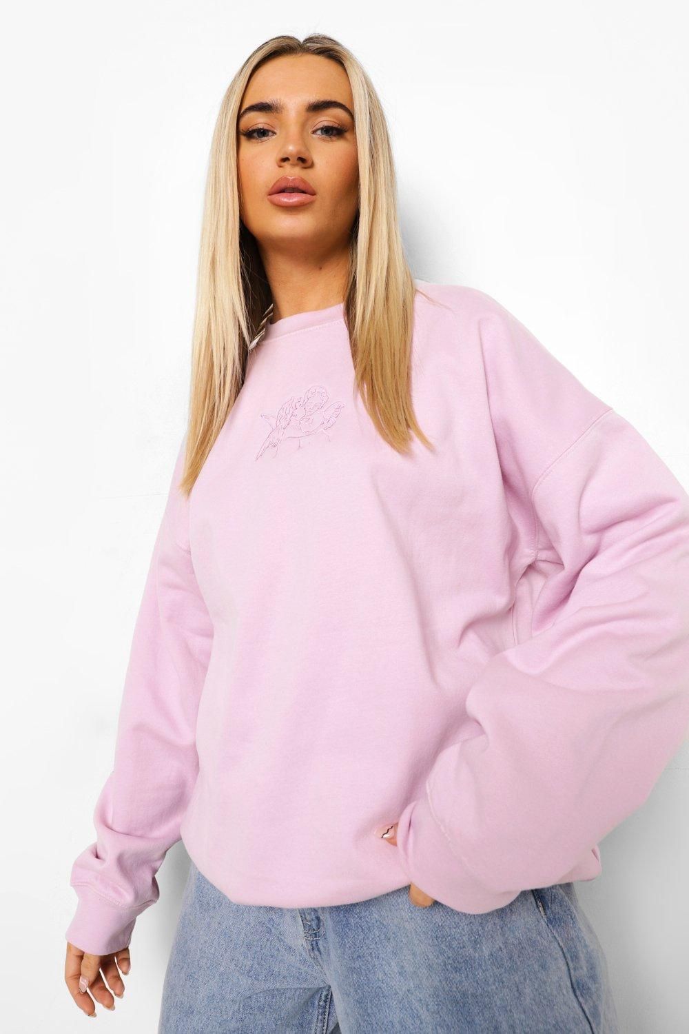 Womens Cherub Embroidered Oversized Sweatshirt - Purple - Xs | Boohoo.com (US & CA)