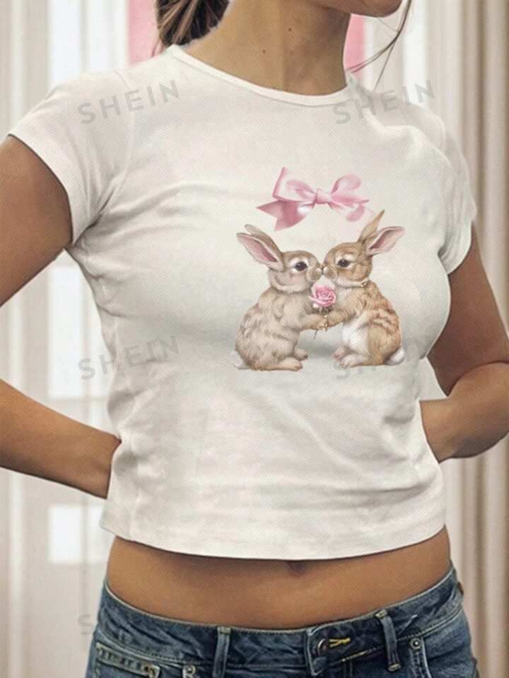 SHEIN EZwear Plus Size Casual Easter Simple Rabbit Pattern Round Neck Short Sleeve Slim Fit Crop ... | SHEIN