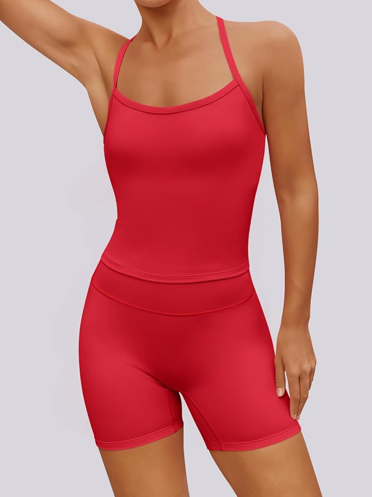 Aoysky Womens Buttery Soft 2 Piece Workout Sets High Waisted Booty Biker Shorts Halter Padded Tan... | Amazon (US)