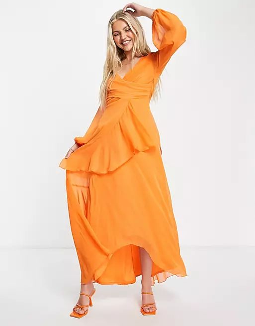 ASOS DESIGN wrap waist maxi dress with double layer skirt and long sleeve | ASOS (Global)