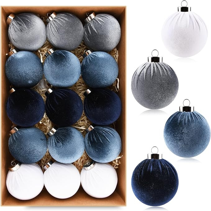 Velvet Christmas Ornaments Balls for Tree - 15pcs Blue Shatterproof Christmas Ornaments for Xmas ... | Amazon (US)
