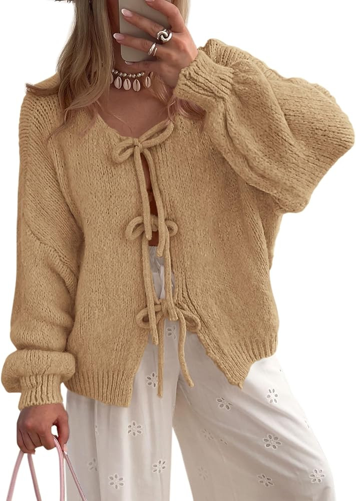 PRETTYGARDEN Women's Tie Front Bow Cardigan Sweaters Chunky Knit Long Puff Sleeve Trendy Fall Win... | Amazon (US)