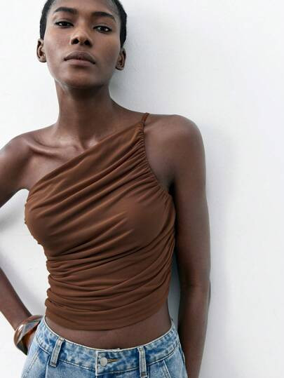 Maija New Coffee Brown Asymmetrical Cut Asymmetric Design One Shoulder Tie-Up Ruched Women Top, S... | SHEIN