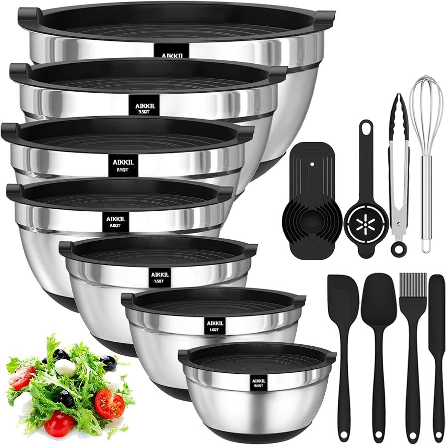 Mixing Bowls with Airtight Lids, 20 piece Stainless Steel Metal Nesting Bowls, Non-Slip Silicone ... | Amazon (US)