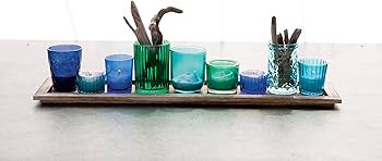 Creative Co-Op Wood Tray with 9 Blue & Green Glass Votive Holders | Amazon (US)