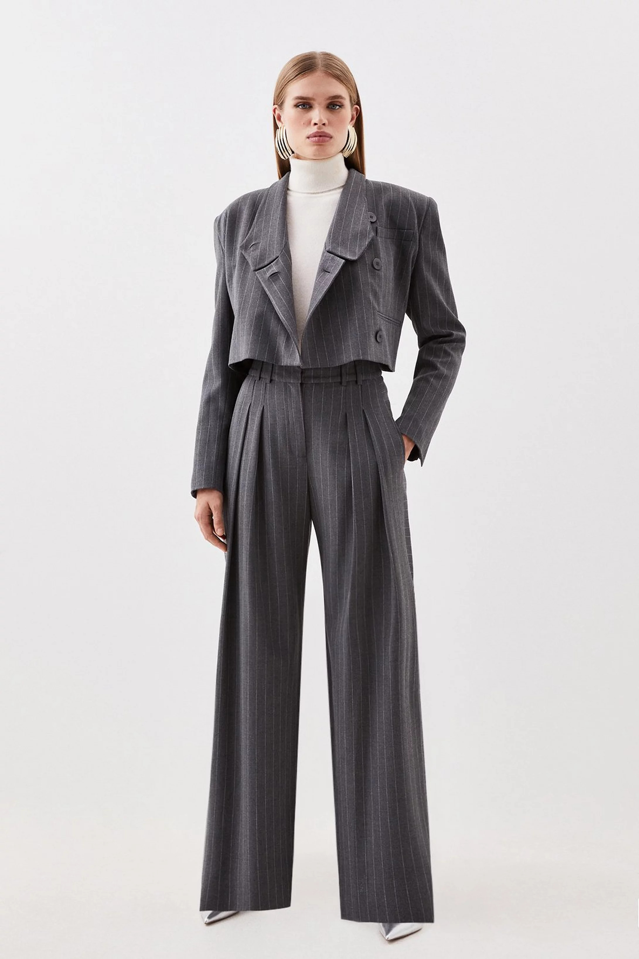 Tailored Compact Stretch Pinstripe High Waisted Wide Leg Trousers | Karen Millen US