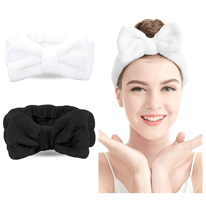 Spa Headband – 2 Pack Bow Hair Band Women Facial Makeup Head Band Soft Coral Fleece Head Wraps ... | Amazon (US)