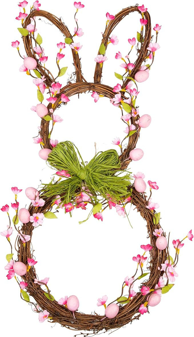 27 Inch Artificial Easter Wreath Spring Wreath for Front Door with Pink eggs and Flowers Bunny Wr... | Amazon (US)