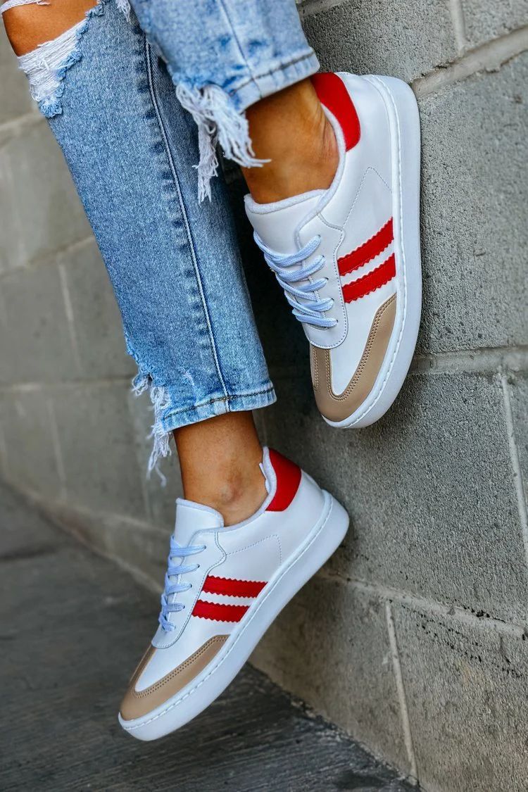 White with Red Stripes Tan Accent Trainer Sneakers | Aries Sneakers - Red | Mindy Mae's Market