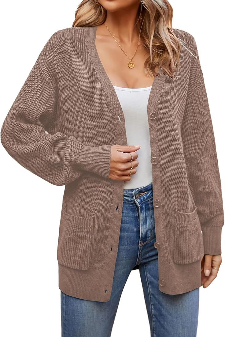 QUALFORT Women's 100% Cotton Cardigan Lantern Sleeve Cardigan Oversized Sweater with Pockets | Amazon (US)
