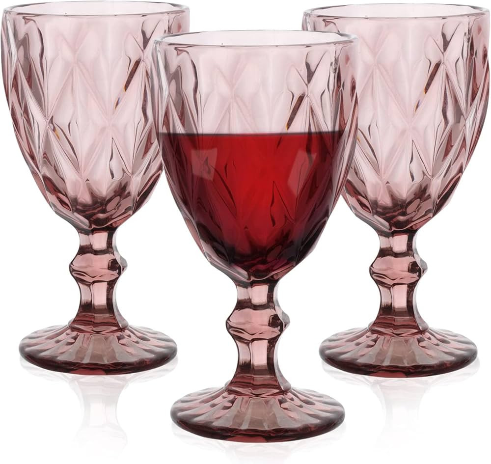 Purple Wine Goblets set of 6 Vintage Colored Glassware Pink Glasses Drinking Embossed Stemware Cup 10 OZ for Wedding Party Bar | Amazon (US)