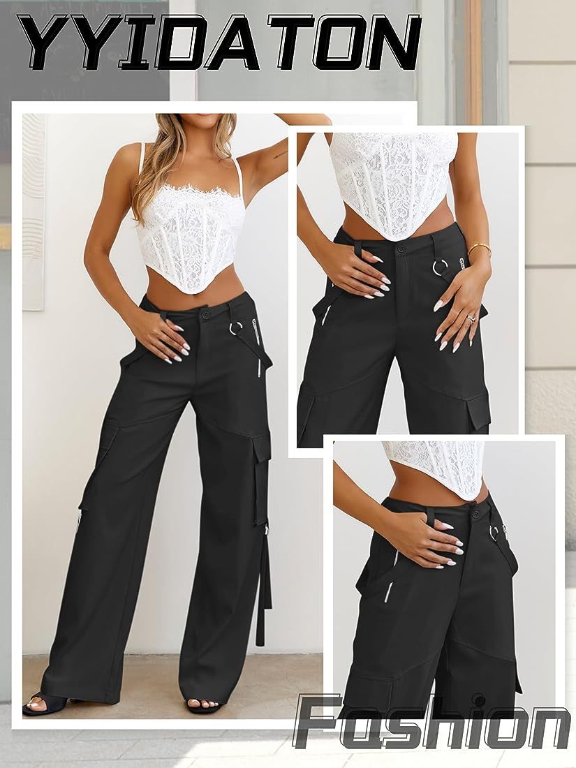Women Cargo Pants Baggy Elastic High Waisted Casual Wide Leg Pants Y2K Trousers with Pockets | Amazon (US)
