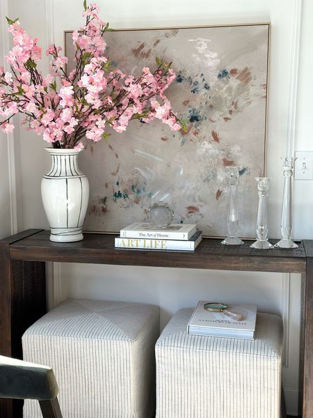 Sitting room, cherry blossoms, vase, house of Blum Alice Lane Home target studio McGee candlestick holders, coffee table, books, Ottomans, modern traditional, designer, outrageous interiors

#LTKhome
