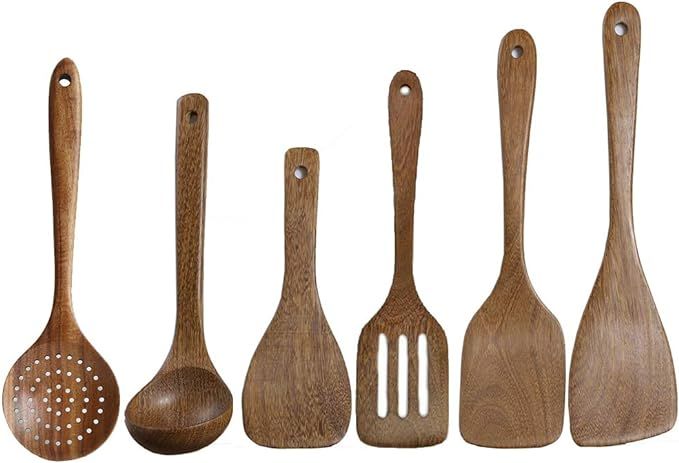 6 Pcs Best Wooden Kitchen Utensils Set-Wooden Spatula, Cooking Ladle, Turner Paddle, Slotted Spoo... | Amazon (US)