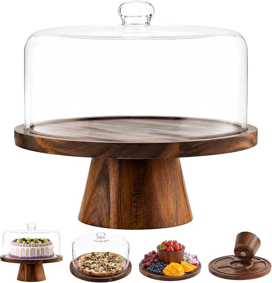Acacia Wood Cake Stand with Lid - 12 Inch Magnetic Detachable Cake Stand with Dome, Shatterproof ... | Amazon (US)