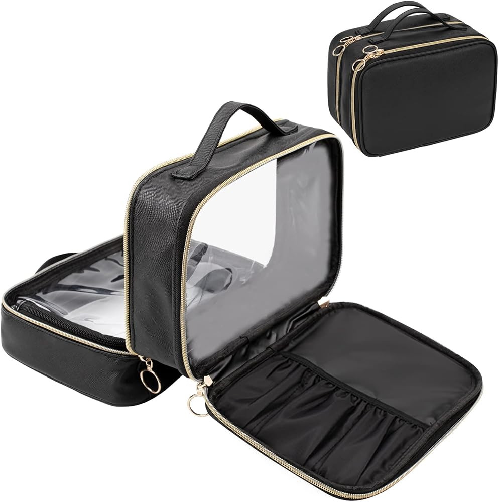 Makeup Bag, Double Layer Cosmetic Bag, Large Capacity New Look Clear Cosmetic Case for Women Trav... | Amazon (US)