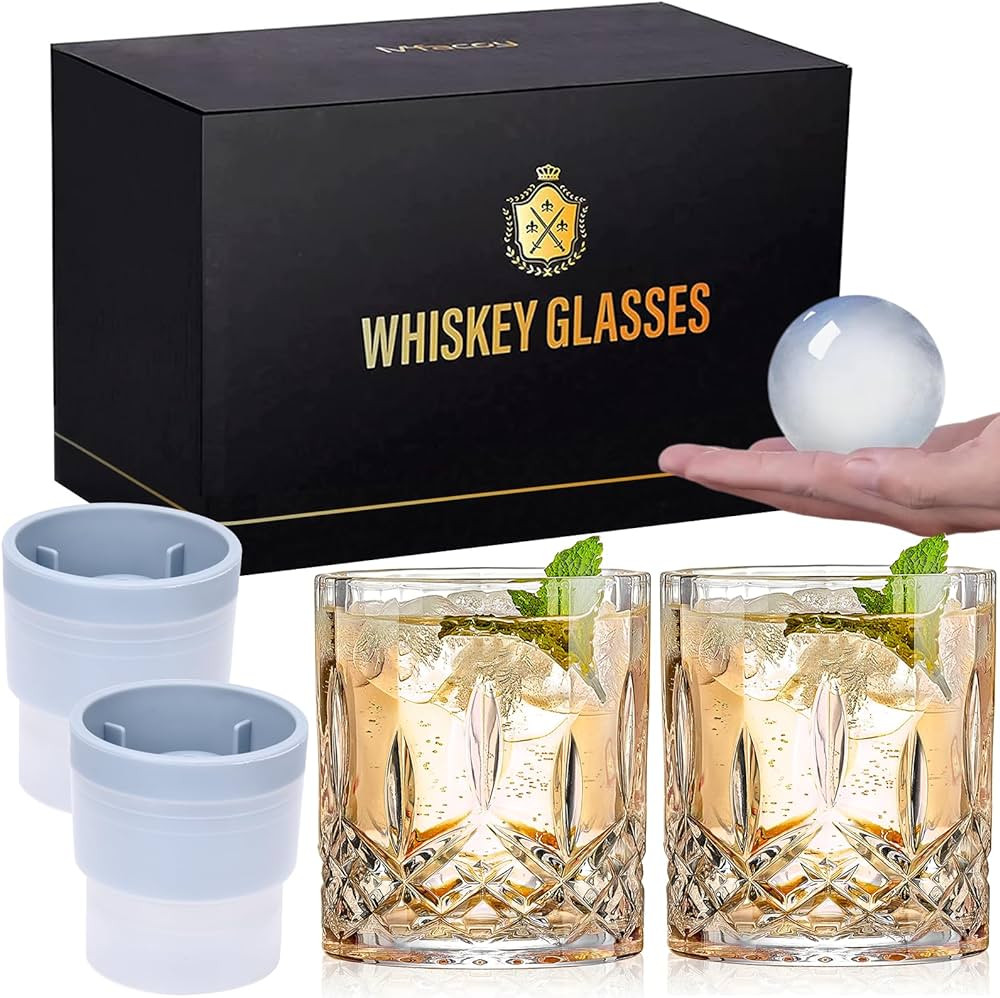 Old Fashioned Whiskey Glasses, Set of 4 (2 Crystal Bourbon Glasses, 2 Round Big Ice Ball Molds) I... | Amazon (US)