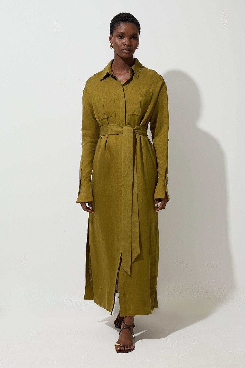 Viscose Linen Woven Belted Shirt Dress | Karen Millen US