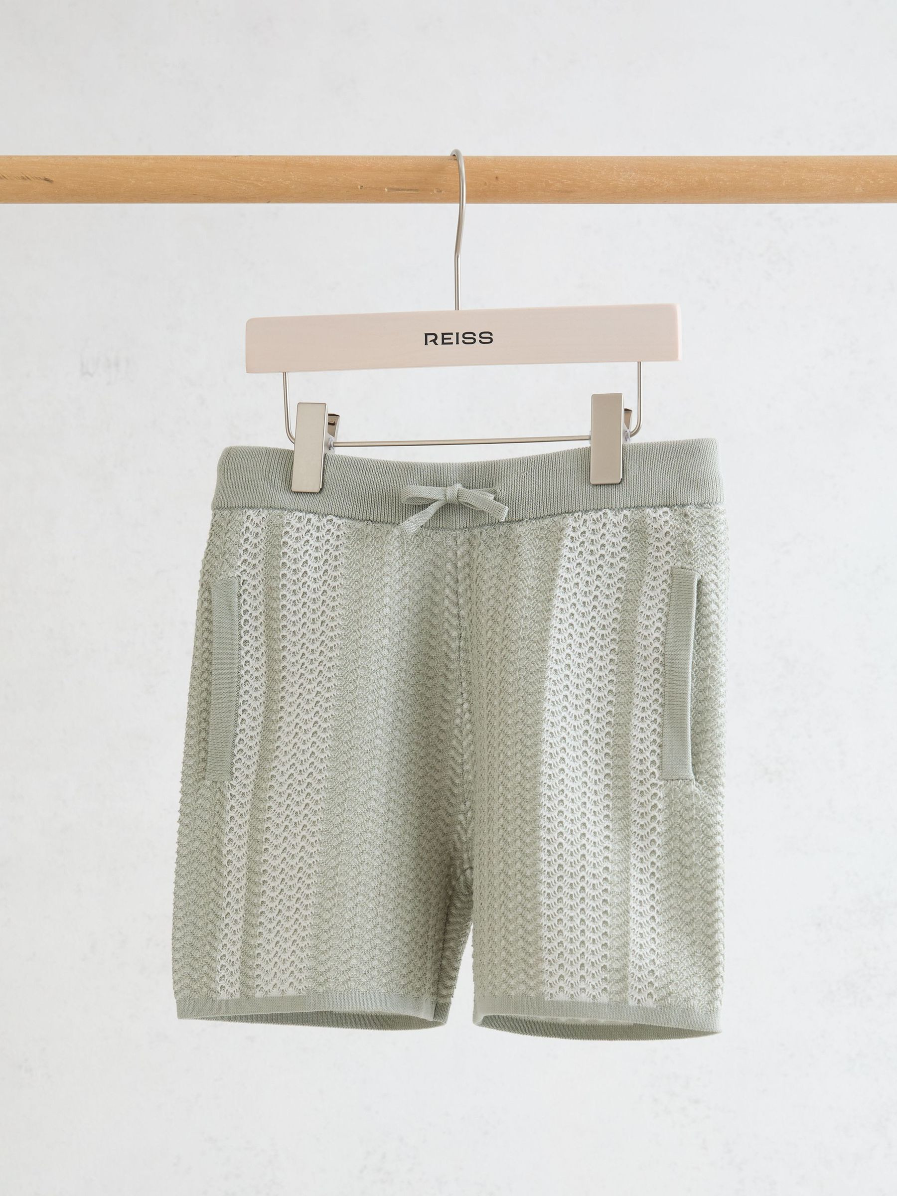 3-9 yrs Cotton Textured-Knit Striped Shorts in Sage/White | Reiss US