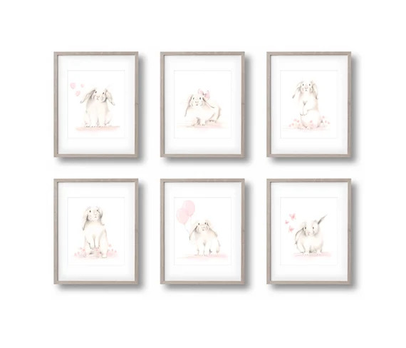 Blush Bunny Nursery Art Prints, Set of 6 Bunnies, Baby Girl Wall Decor, Farmhouse Bunny Prints, P... | Etsy (US)