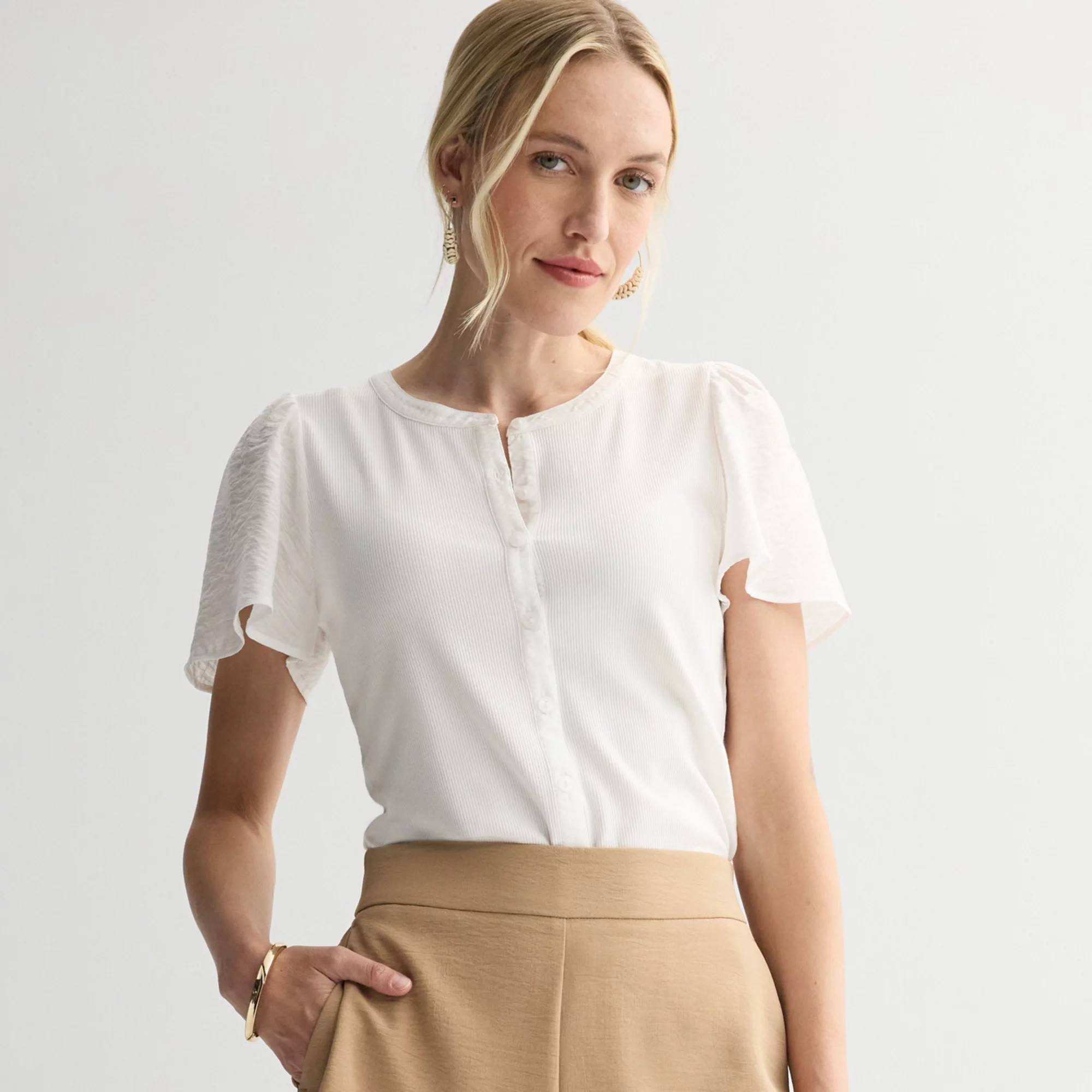 Women's Nine West Mixed Media Flutter Sleeve Top | Kohl's