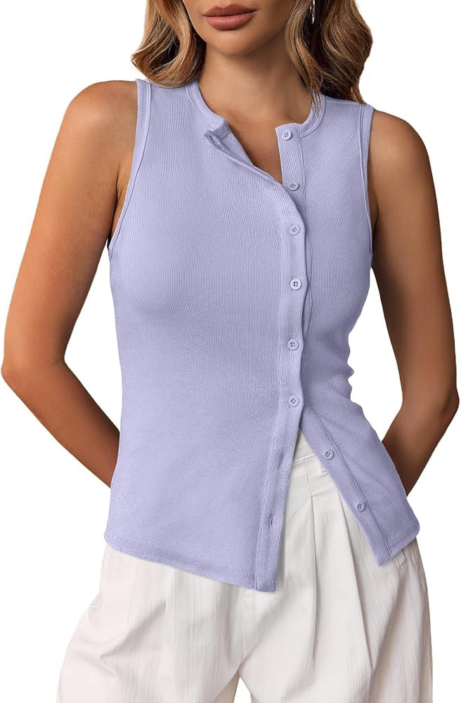 Cicy Bell Womens Button Down Tank Tops Summer Sleeveless Vest Tops Trendy Ribbed Fitted Going Out... | Amazon (US)