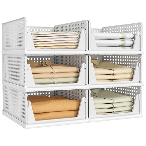 Pinkpum 6 Pack Closet Organizers Storage Bins, Stackable Plastic Drawer Basket for Clothing, Stackable Storage Bins Shelf Storage Container for Closet Wardrobe Bedroom Bathroom Office White | Amazon (US)
