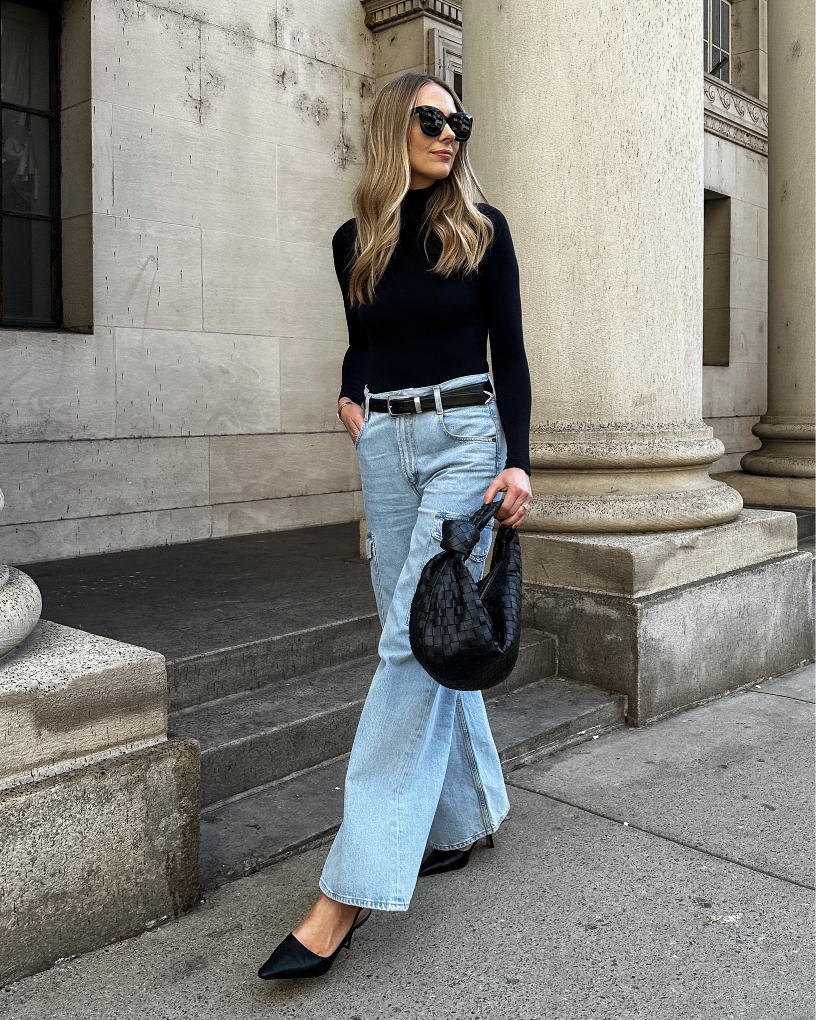 Fashion Jackson wearing black bodysuit, AGOLDE cargo jeans, black slingbacks, black bottega handbag, fall outfit #fashionjackson #nordstrom 