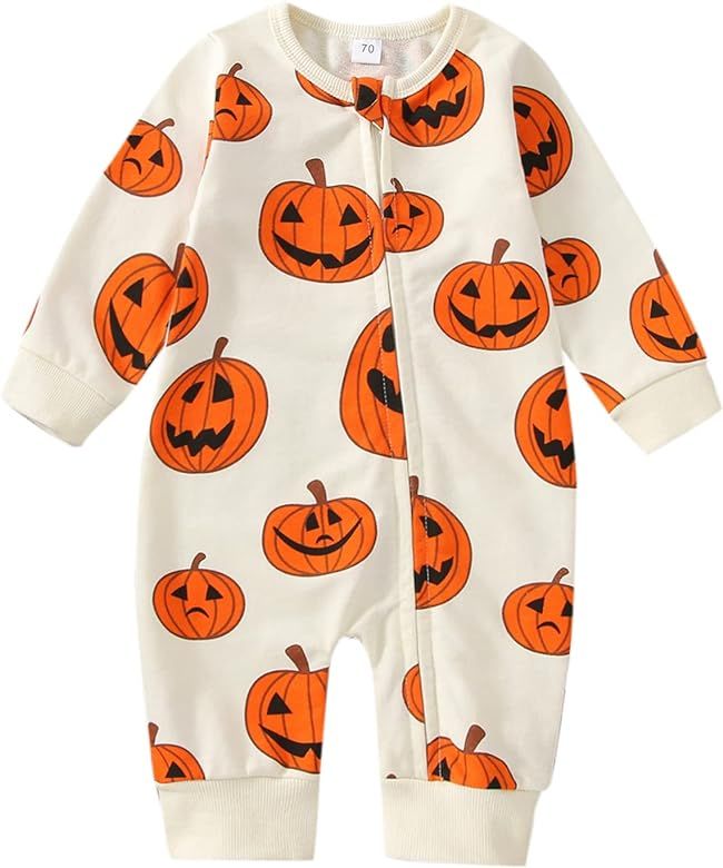 Baby Boy Girl Halloween Outfit Zip Up Pumpkin Romper Jumpsuit Cute Halloween Baby Clothes Family Mat | Amazon (US)