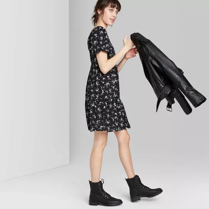 Women's Floral Print Short Puff Sleeve Round Neck Babydoll Mini Dress - Wild Fable™ Black | Target