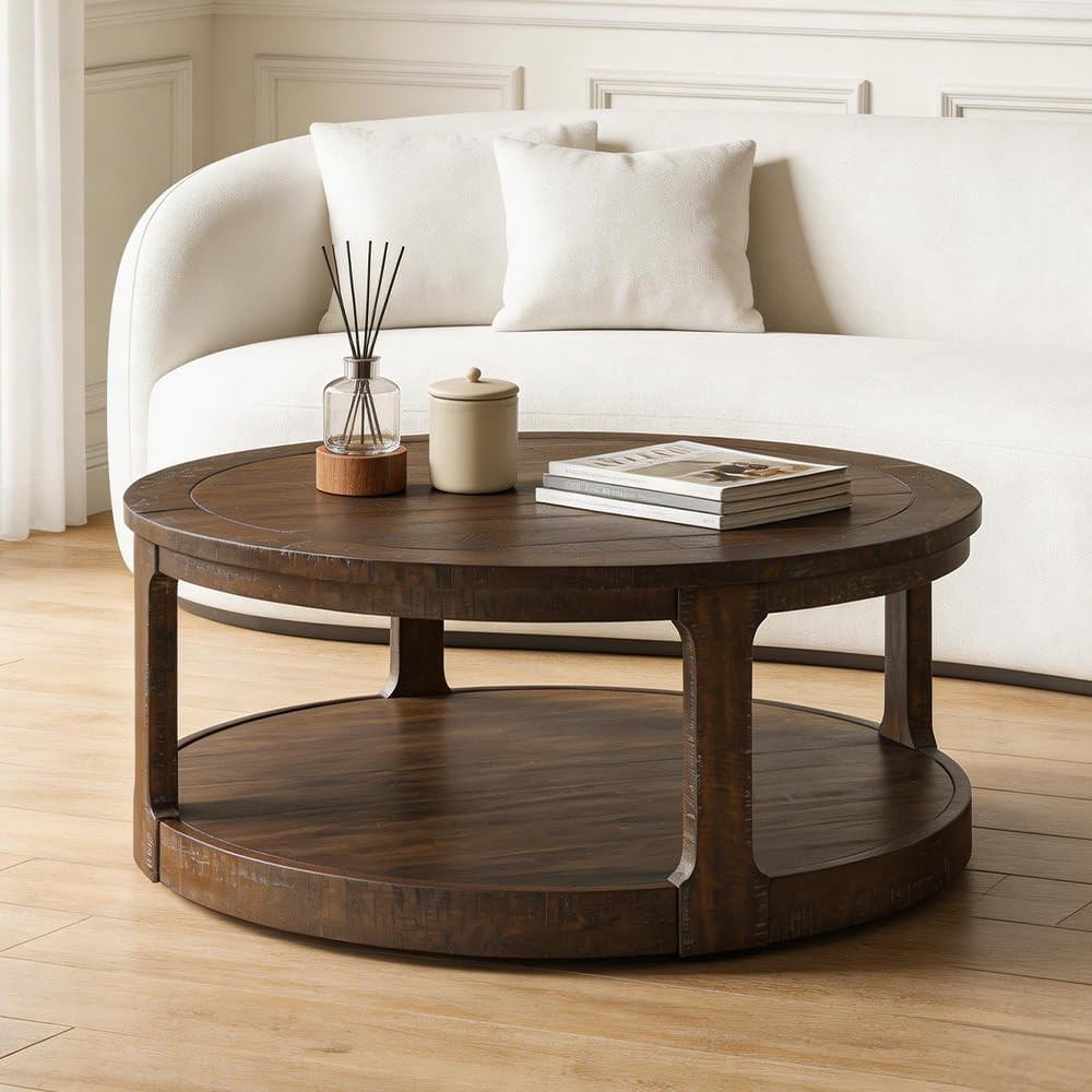 40" Round Coffee Table with Wheels, Circle 2 Tier Solid Wood Center Coffee Table, Mid Century Retro Farmhouse Rounded End Table for Living Room Apartment, ø40 x 17.52" H (Dark Brown) | Amazon (US)