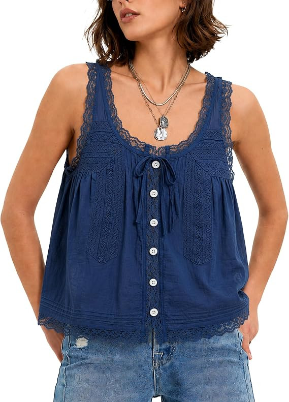 Women Summer Boho Lace Tie Front Tank Beach Vacation Top Button Down Sleeveless Cardigan Crop Y2k... | Amazon (US)
