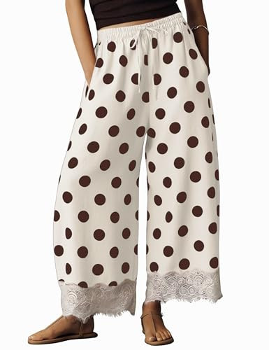 Athlisan Womens Polka Dot Wide Leg Palazzo Pants High Waisted Summer Lace Trim Cropped Baggy Trousers with Pockets(Beige-S) | Amazon (US)