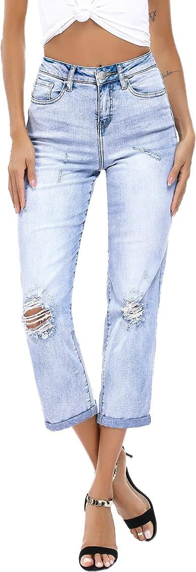 Resfeber Women's Ripped Boyfriend Jeans Stretch Distressed Jeans Crop Mom Jean with Holes | Amazon (US)