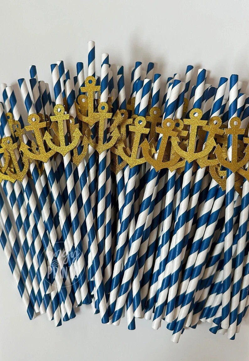 Nautical Theme Anchor and Sailboat Striped Navy Drinking Paper Straws w Glitter Gold Confetti for... | Etsy (Global)