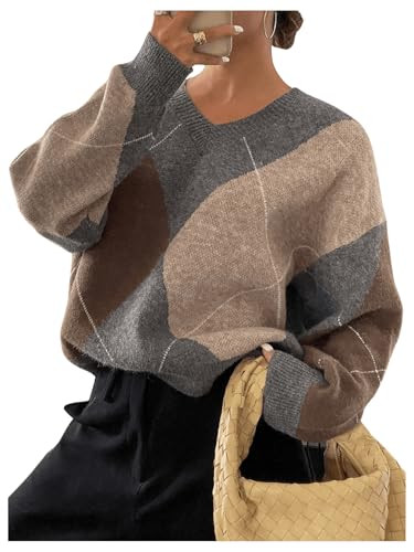 SOLY HUX Plaid Sweaters for Women V Neck Drop Shoulder Long Sleeve Color Block Pullover Sweater T... | Amazon (US)