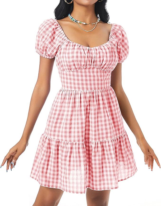 ZAFUL Gingham Short Puff Sleeve Ruched Plaid Tiered Milkmaid Mini A Line Dress | Amazon (US)