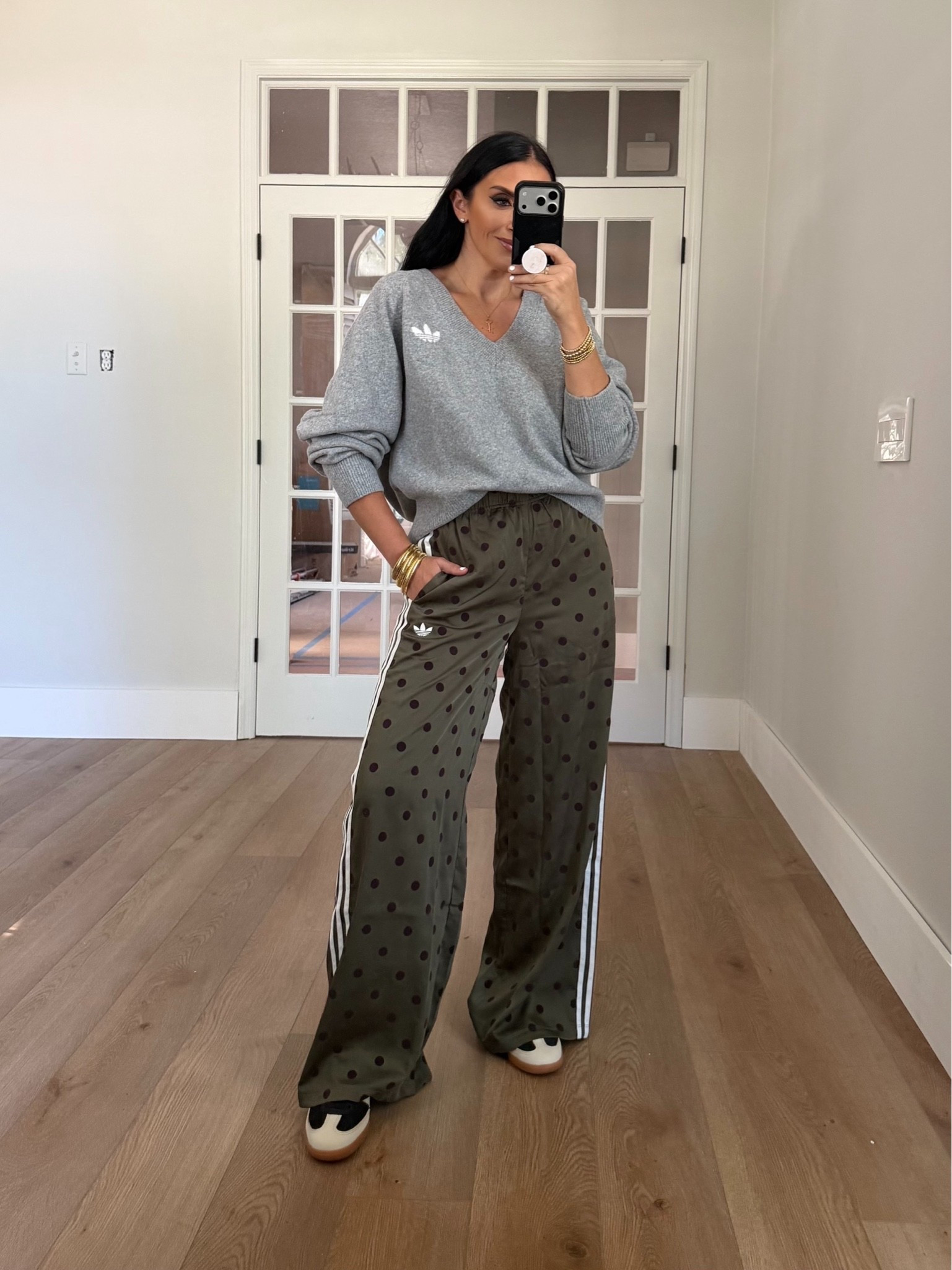 Essentials Knit V-Neck Sweatshirt Long Sleeve wearing size medium. adidas Originals Women's Satin Polka Dots Wide Leg Pant