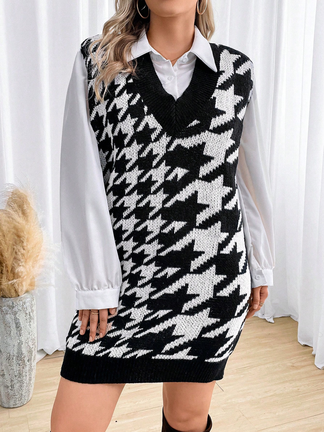 SHEIN Frenchy Plus Houndstooth Pattern Sweater Dress Without Blouse | SHEIN