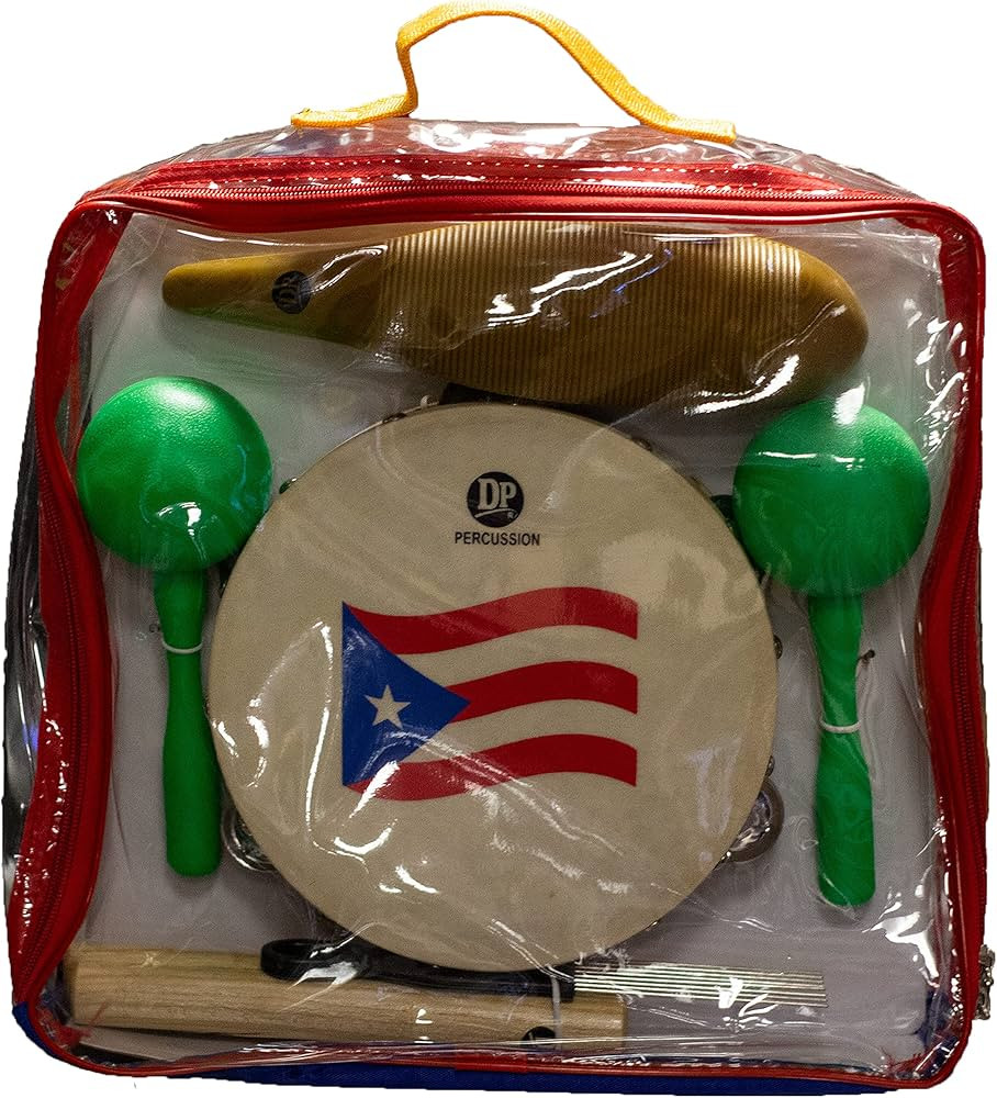 DP Music Parranda Kit Percussion with Carrying Bag - Puerto Rico Flag 8 Inches Tambourine - Claves - Plastic Güiro & Maracas (Maracas Green) | Amazon (US)