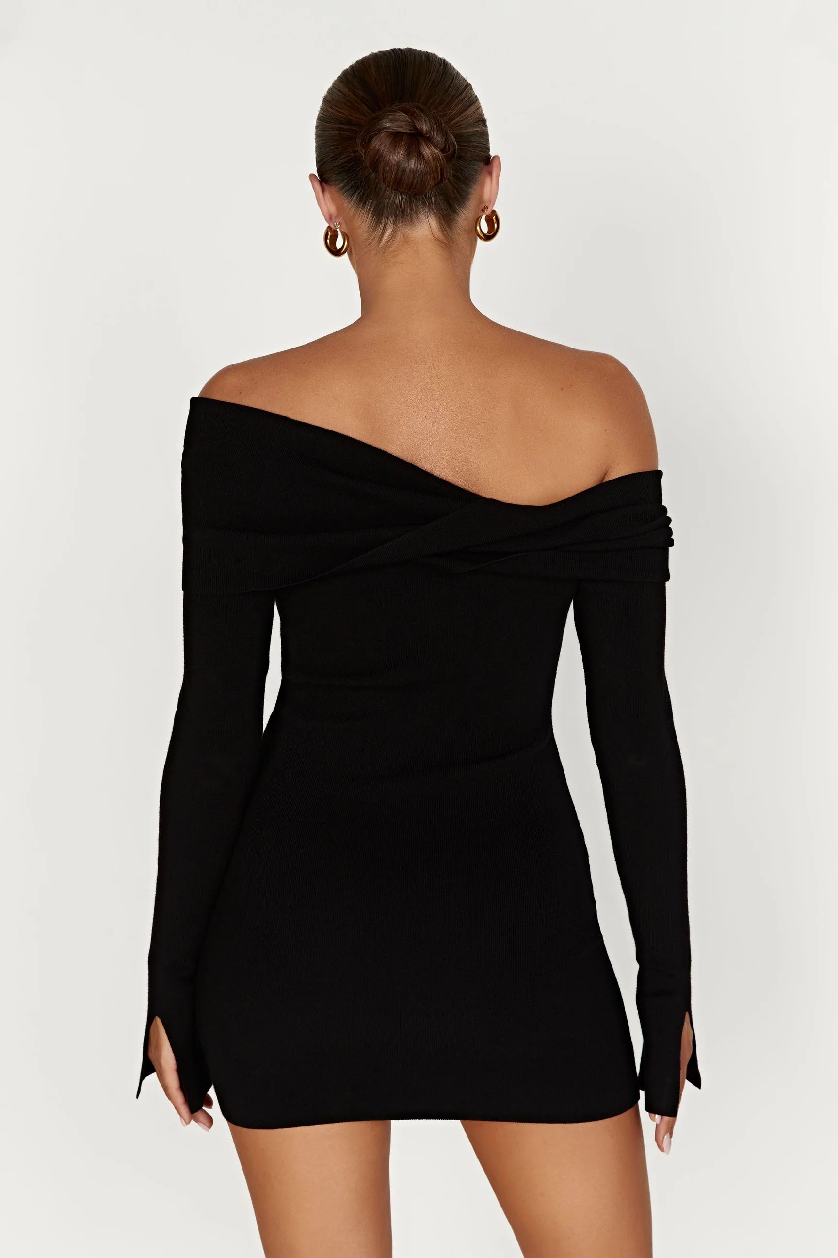Clover Off Shoulder Knit Mini Dress - Black | MESHKI US