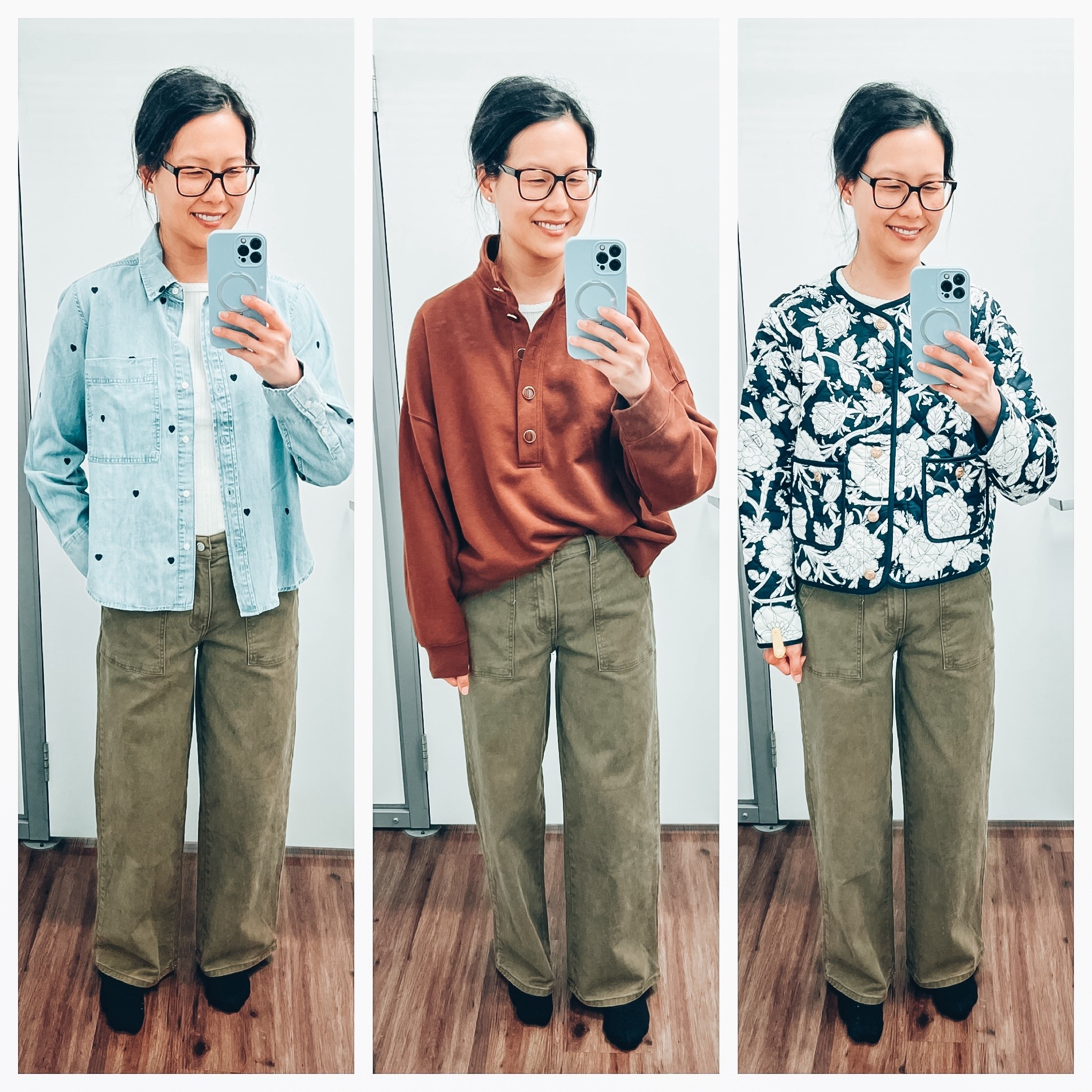 Chambray shirt, wearing medium
Henley fleece sweatshirt, wearing large
Quilted spring jacket, wearing medium
Wide leg jeans, tts, wearing 6
Pointelle tshirt, wearing medium