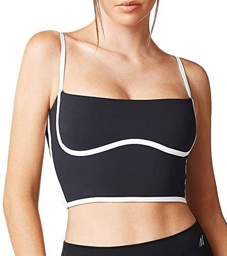 Move With You Sleeveless Spaghetti Strap Padded Sports Bra Tank Tops Square Neck Double Layer Workout Fitness Basic Crop Tops(Black,M1) | Amazon (US)