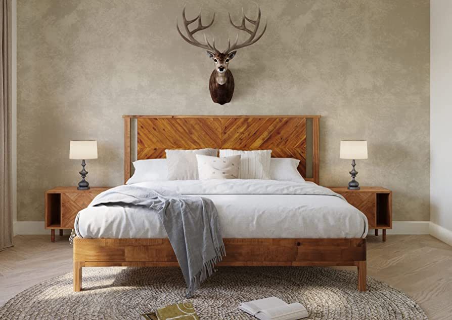 Bme Vivian 14 Inch Deluxe Bed Frame with Headboard - Rustic & Scandinavian Style with Solid Acaci... | Amazon (US)