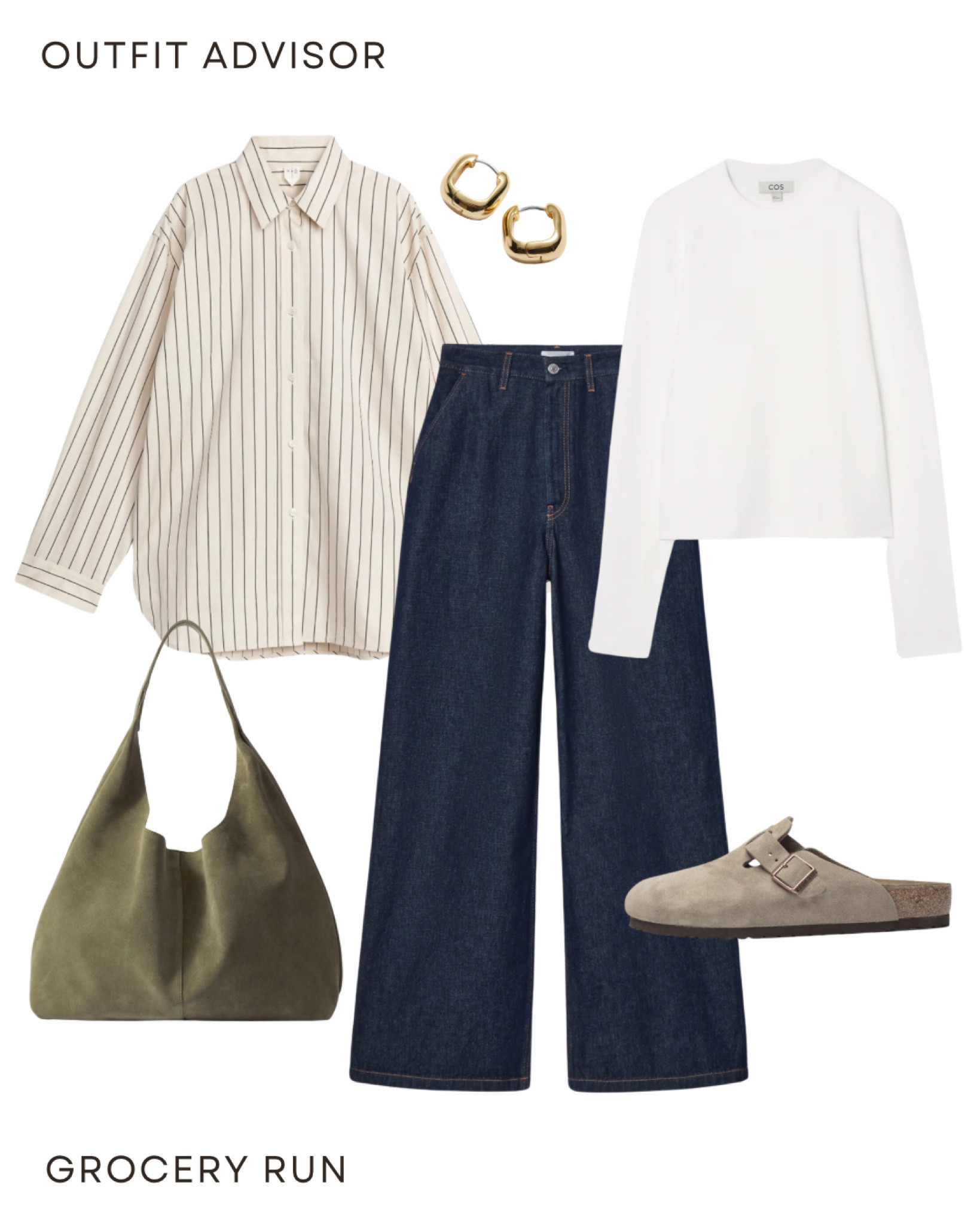 Casual neutral outfit idea for autumn: a striped long sleeve shirt, white long sleeve cos top, denim jeans, birkenstock boston, gold earrings and a green suede bag

#LTKcurves #LTKbag #LTKstyletip