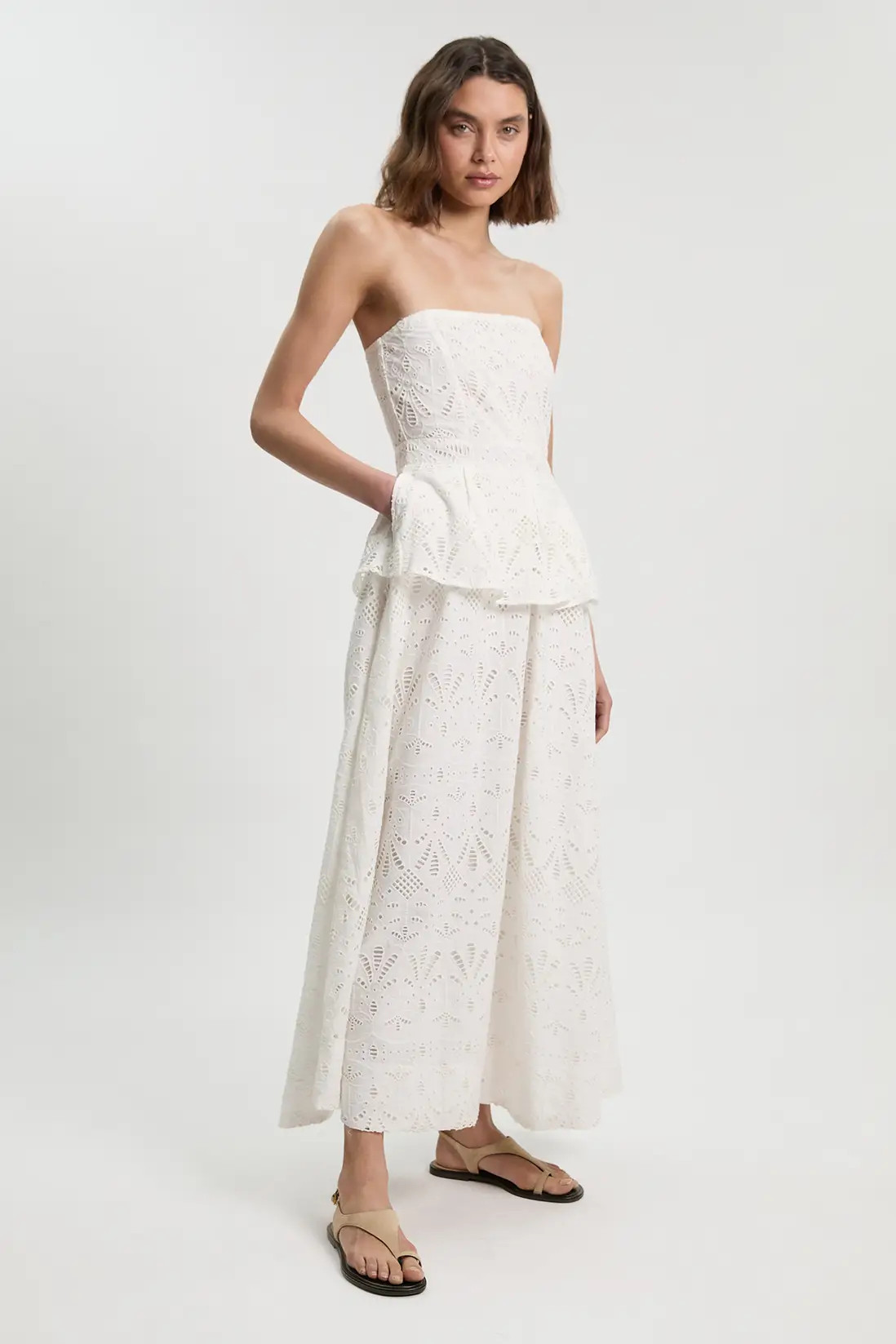 Ivory Cotton Broderie Peplum Bandeau Midi Dress | Karen Millen | Karen Millen