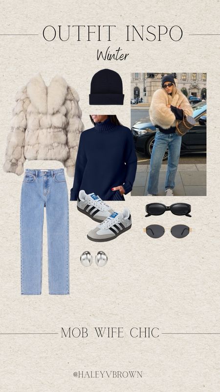 Oversized Sweater, Thick Sweater, Chunky Gold Earrings, Silver Chunky Earrings, Rectangle Sunglasses, Ankle Socks, Loafer Socks, Sambas, Casual Fall Outfit, Pinterest Outfit, Running Errands Outfit, Winter Outfit, Winter Inspo, Winter Hair, Winter Hair Color, 90s Blowout, Oval Sunglasses, Mob Wife Aesthetic, Fur Coat, Black Beanie, Abercrombie Denim, Straight Jeans

#LTKstyletip #LTKshoecrush #LTKSeasonal
