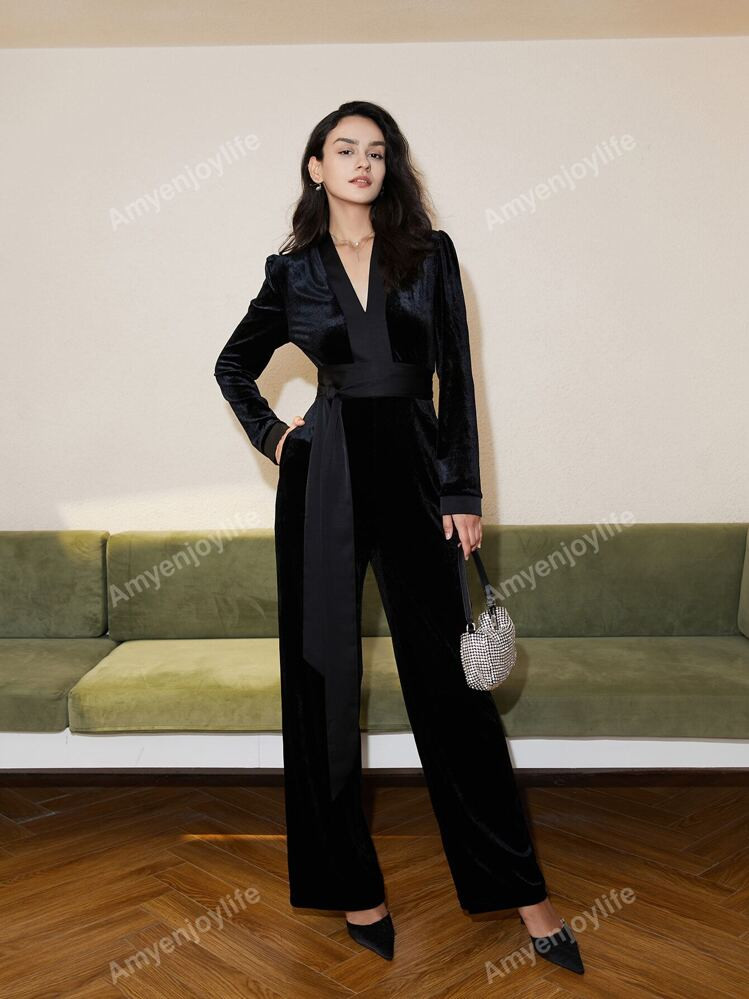 V Neck Belted Velvet Jumpsuit | SHEIN